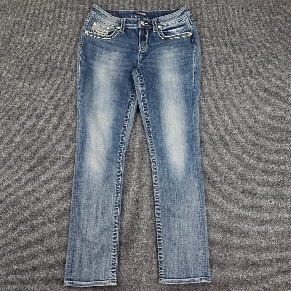 Vigoss Heritage Fit Straight Leg Jeans Women 8 x32 Flap Pocket Med Wash Mid Rise